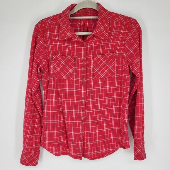Prana Button Down Flannel Shirt Plaid Red Zip Pocket Size XS - Picture 1 of 6